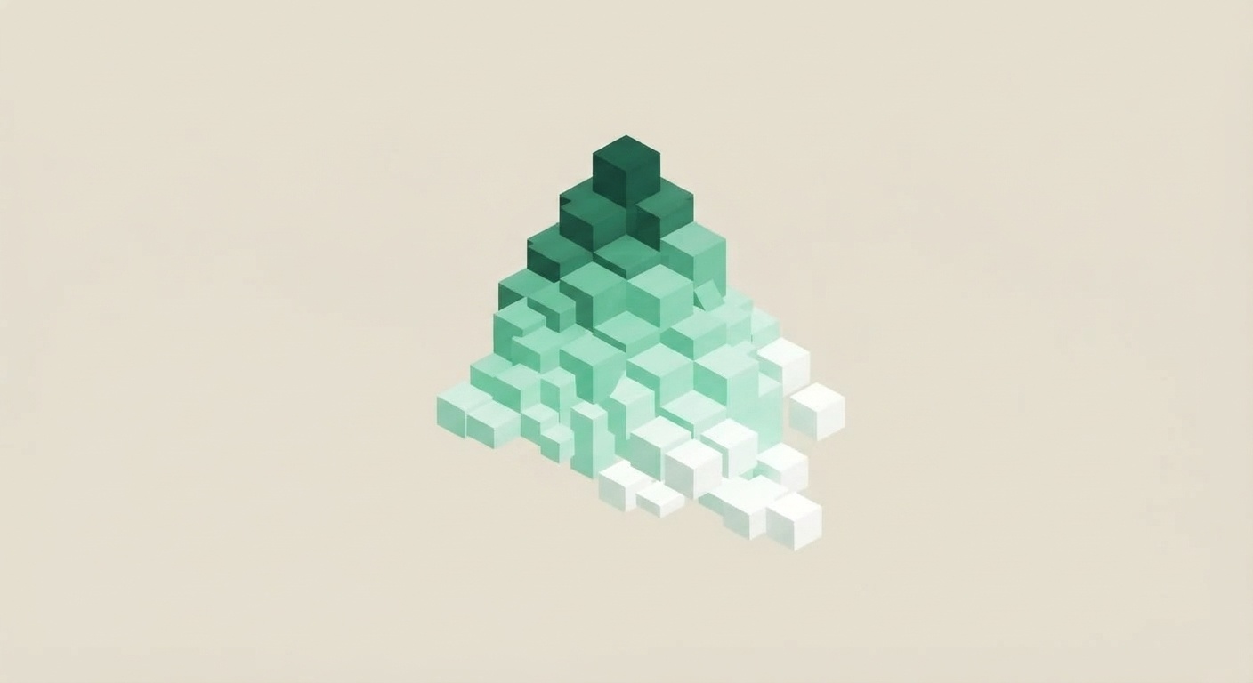 A pyramid of cubes, solid green at the peak and breaking apart into white cubes at the base