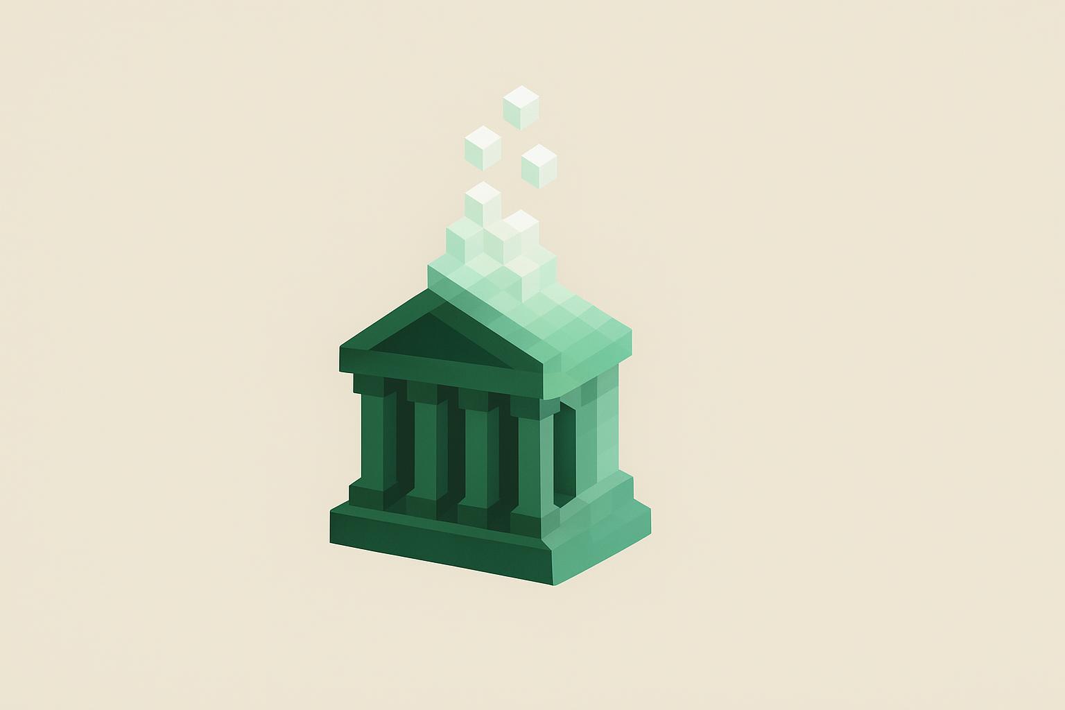 A columned treasury building built from cubes, its roof breaking into white cubes